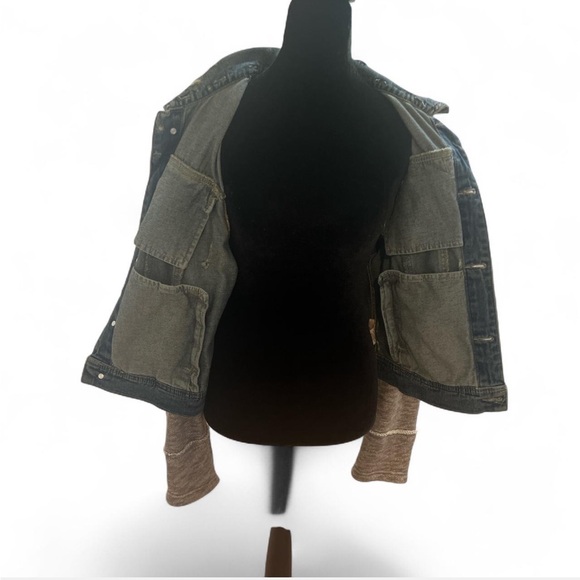 Free People Distressed Denim Jacket with Jersey Sleeves - Picture 4 of 7